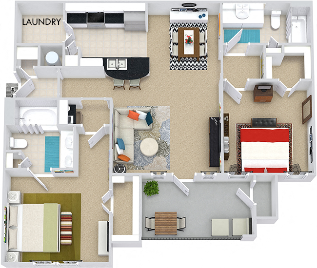 Floor plan for 2 beds, 2 baths, 1074 sqft